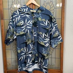 Tommy Bahama Shirt Blue Island Palm Wood Button Up Silk Short Sleeve Size L